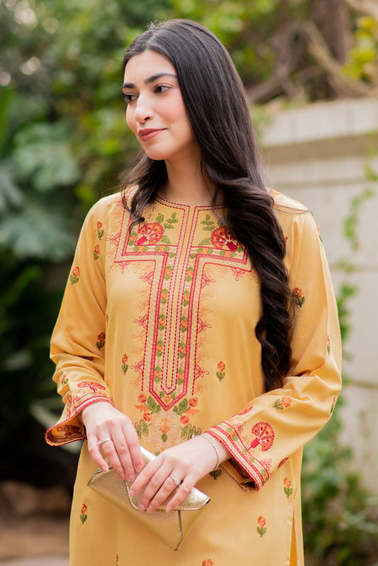 Embroidered Yellow Winter Kurta Pant Set