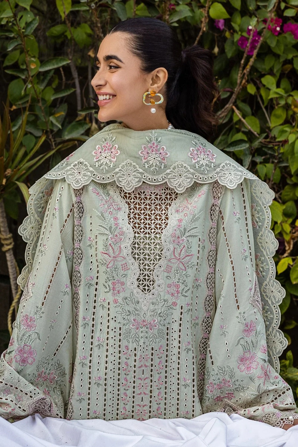 Laser Cut Lawn Salwar Suit with Organza Lace Online in KSA Riyadh Saudi Arabia Oman Bahrain Qatar