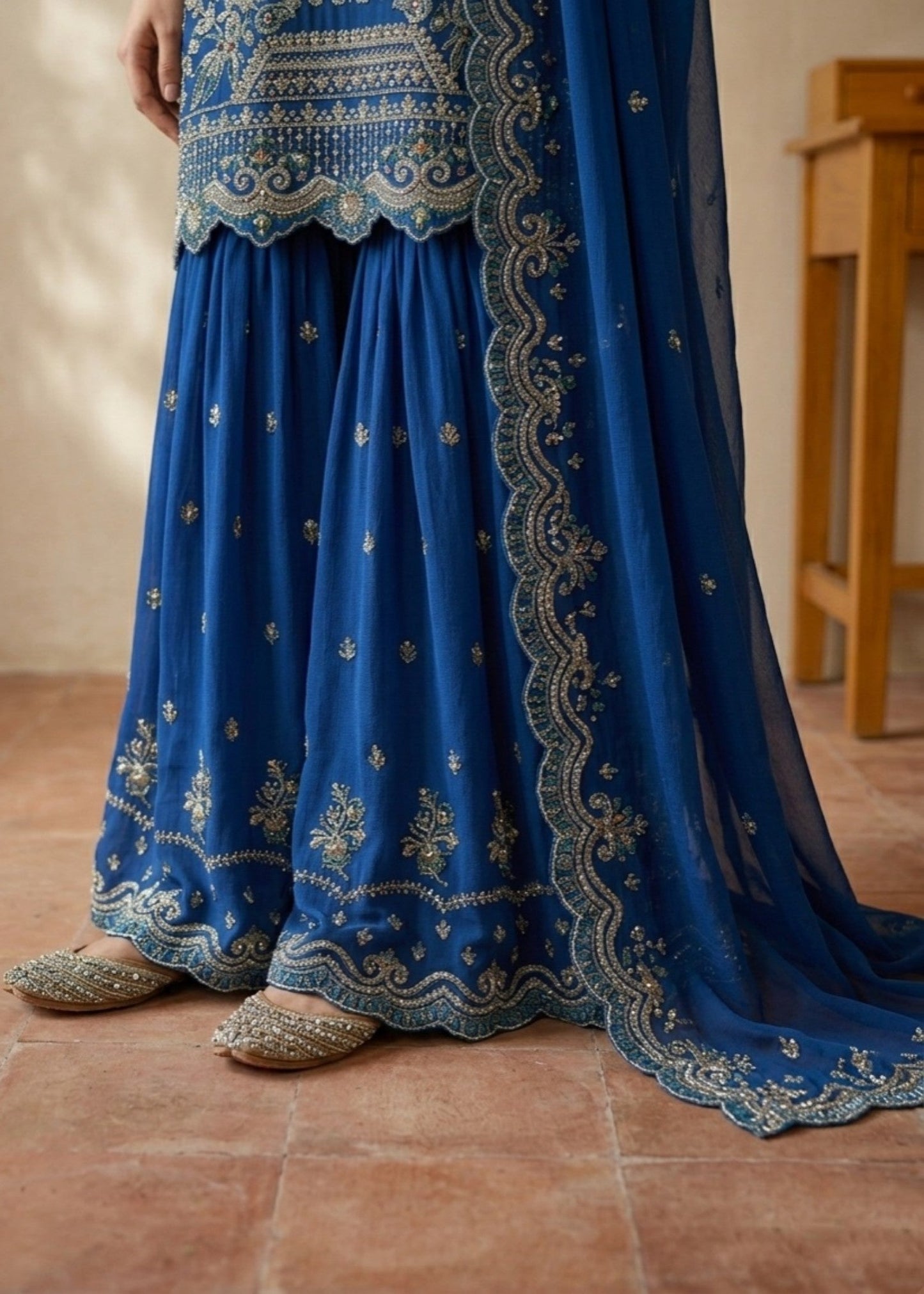 Latest Dark Blue Chiffon Gharara Dress Online in UK USA Canada