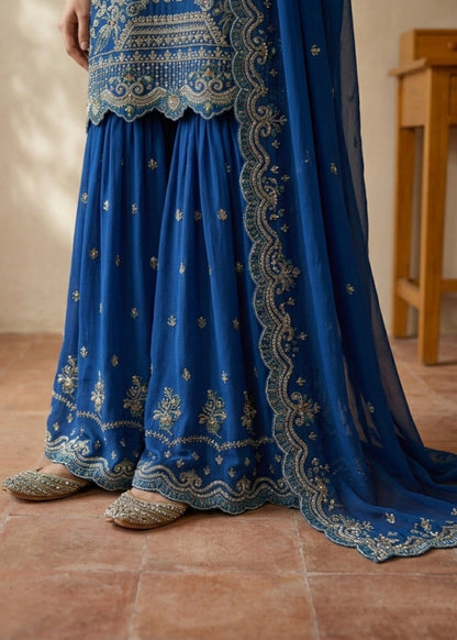 Latest Dark Blue Chiffon Gharara Dress Online in UK USA Canada
