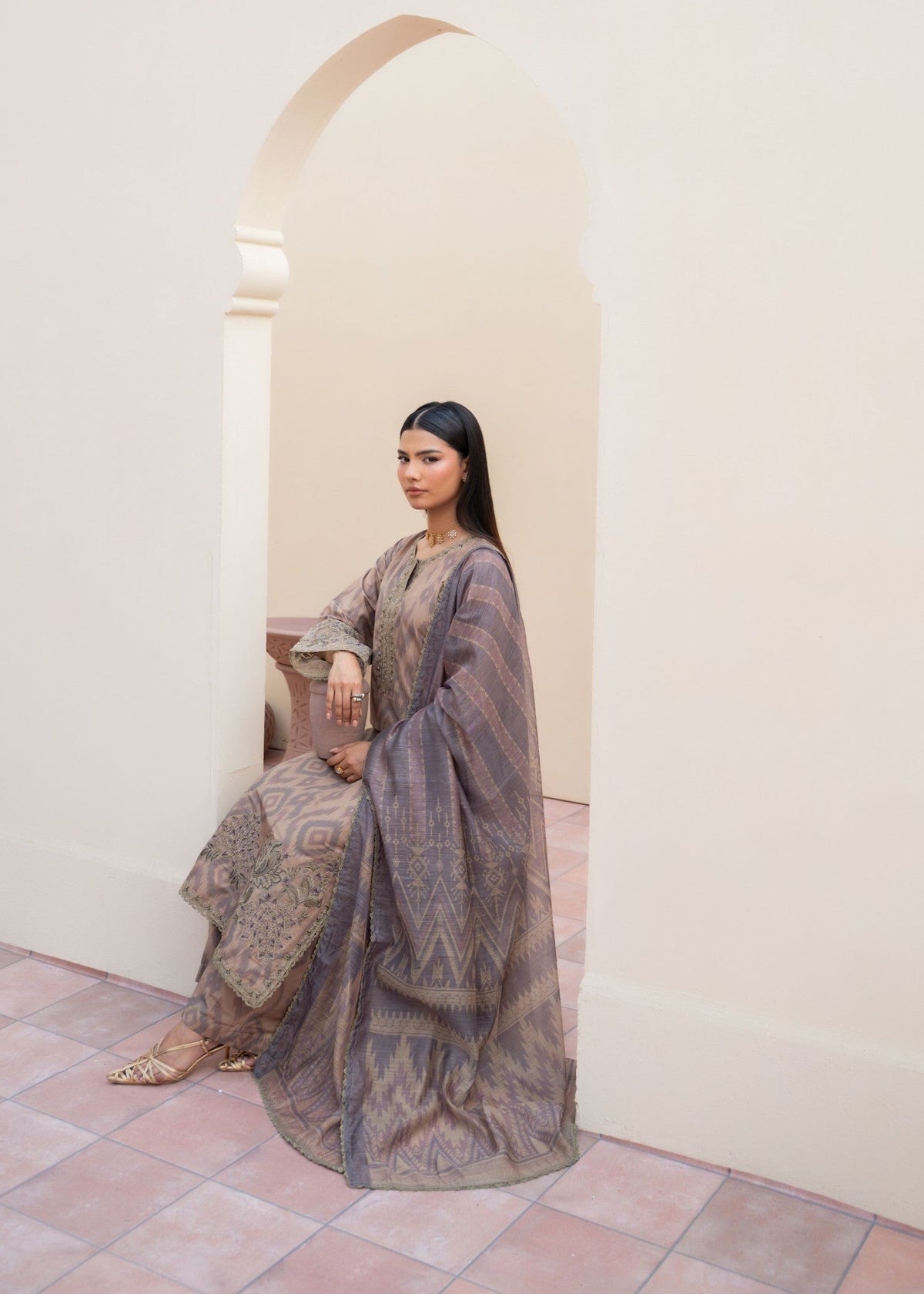 Latest Pakistani Winter Suits Beige Embroidered Khaddar Online in Sri Lanka India Australia