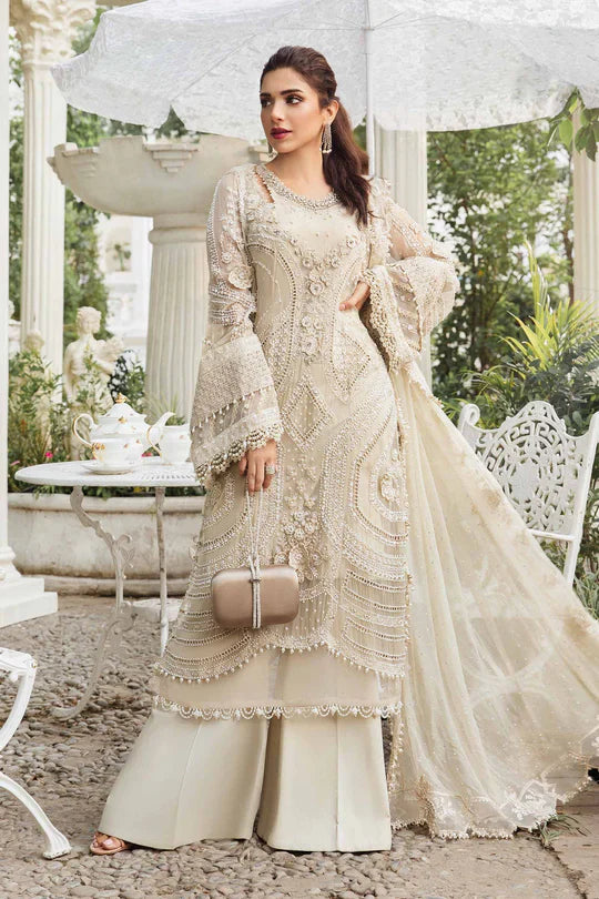 Off White Chiffon Suit with Diamantes & 3D Flower Embellishments