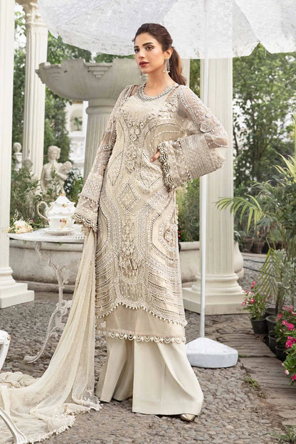 Off White Chiffon Suit with Diamantes & 3D Flower Embellishments