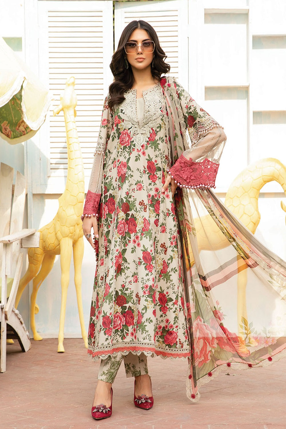 Coffee Lawn Suit with Chiffon Dupatta