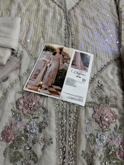Skin Beige Embellished Pure Chiffon Designer Suit