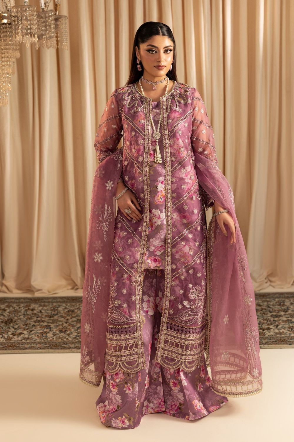 Lavender Embroidered Organza Partywear Suit Online in Dubai UAE Abudhabi Ajman Sharjah