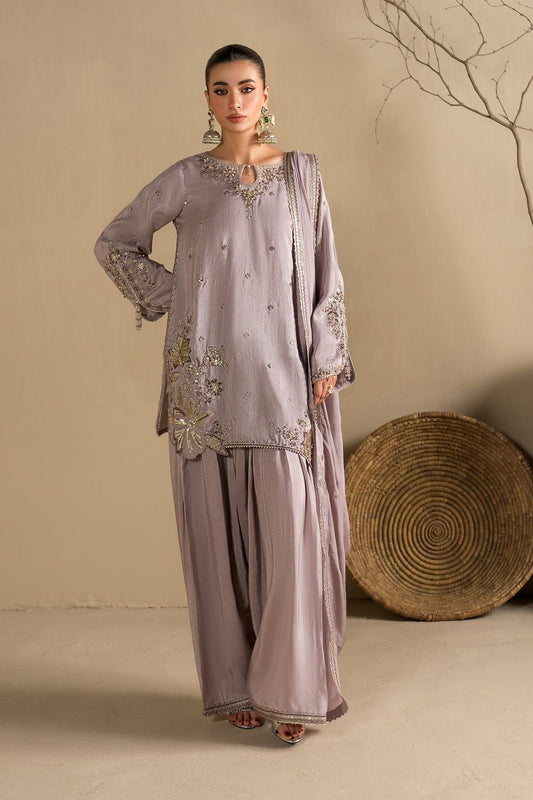 Lavender Embroidered Raw Silk Farshi Shalwar Suit Online in Dubai UAE Abudhabi Ajman Sharjah