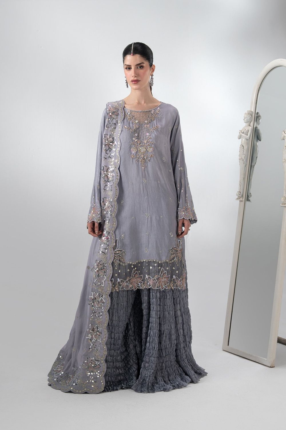 Lavender Embroidered Raw Silk Sharara Online in Dubai UAE Abudhabi Ajman Sharjah