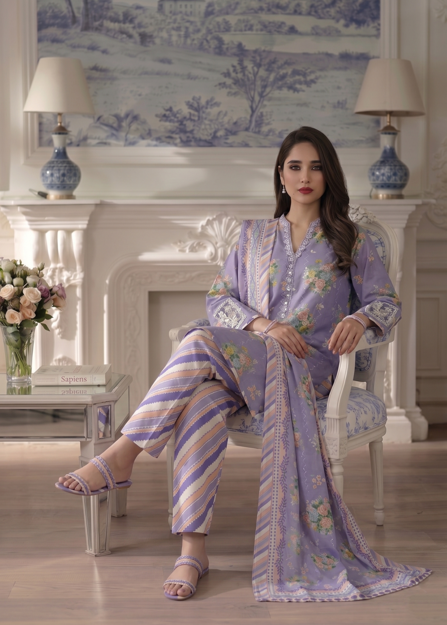 Lavender Grey Embroidered Lawn 3 Piece Suit Online in Sri Lanka India Australia