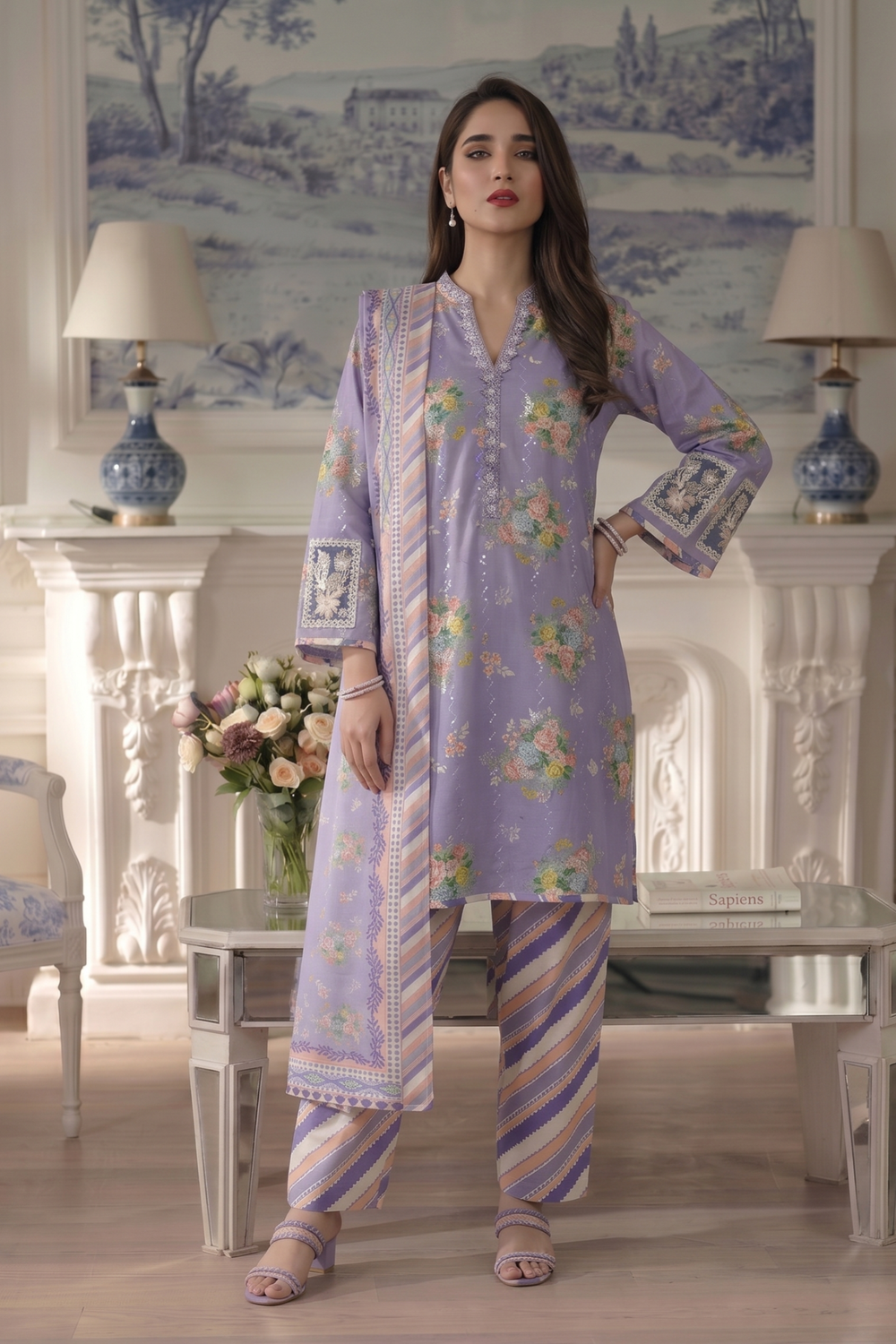 Lavender Grey Embroidered Lawn Festive Wear Suit Online in Dubai UAE Abudhabi Ajman Sharjah