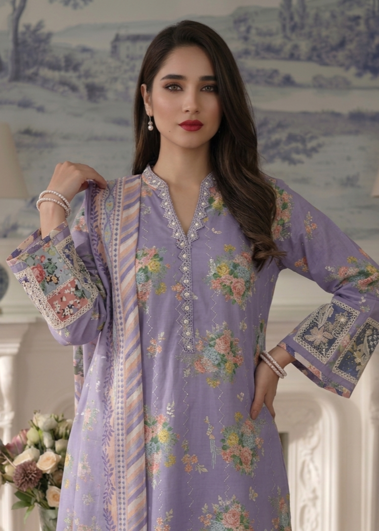 Lavender Grey Embroidered Lawn Pakistani Suit Online in Dubai DXB UAE Abudhabi Meena Bazaar