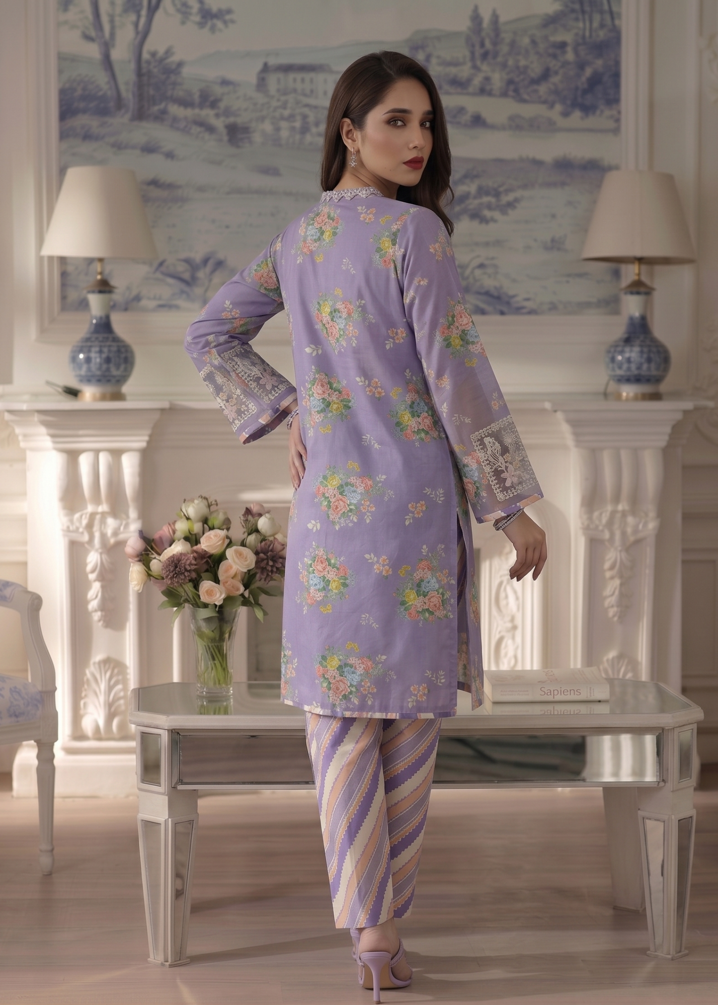 Lavender Grey Embroidered Lawn Party Wear Salwar Kameez Online in Dubai UAE Abudhabi Ajman Sharjah