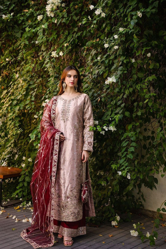 Lavender Pink Embroidered Poly Masoori Partywear Suit Online in Dubai UAE Abudhabi Ajman Sharjah
