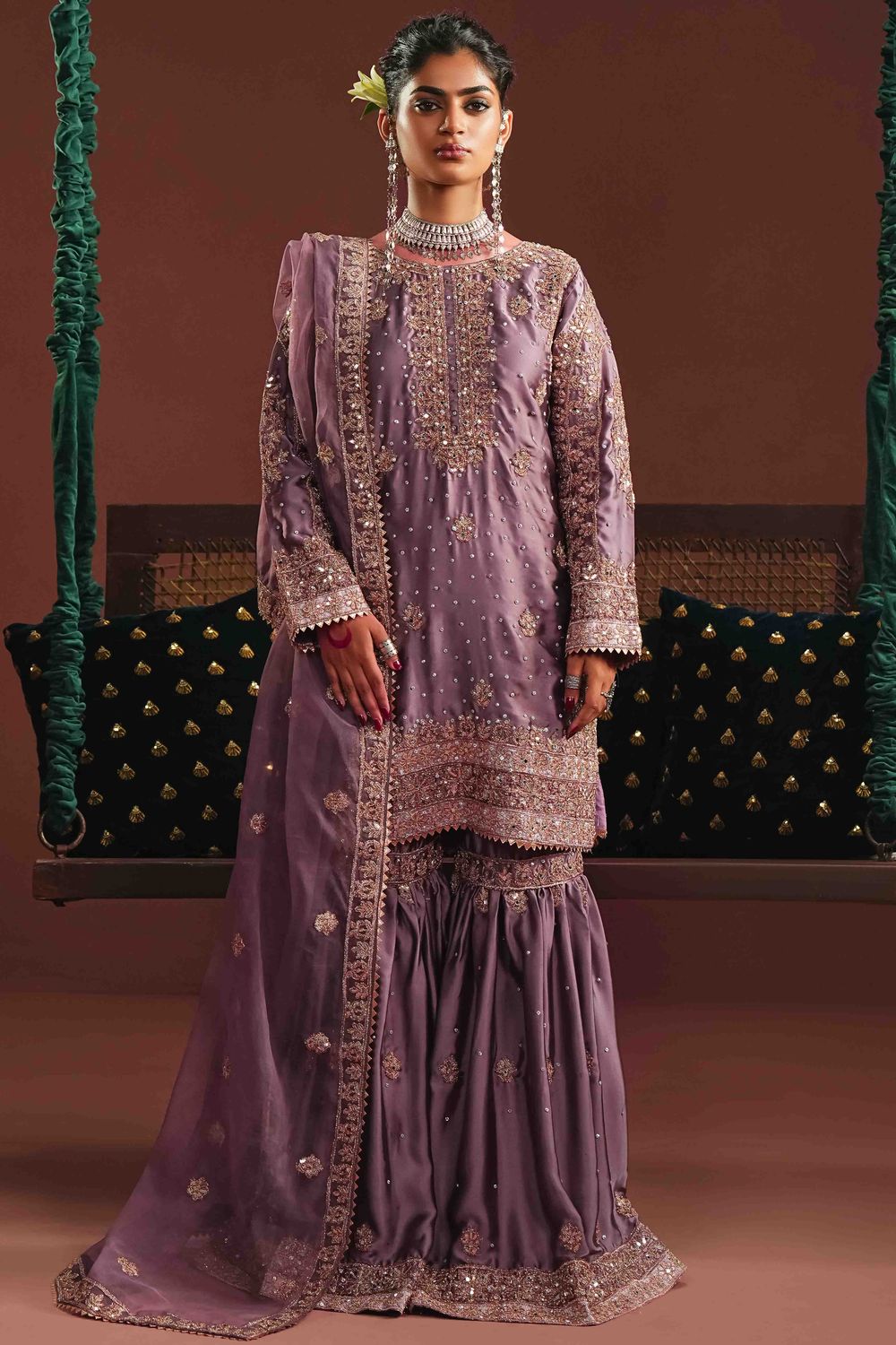 Lavender Silk Flared Gharara Wedding Guest Outfit Online in Dubai UAE Abudhabi Ajman Sharjah