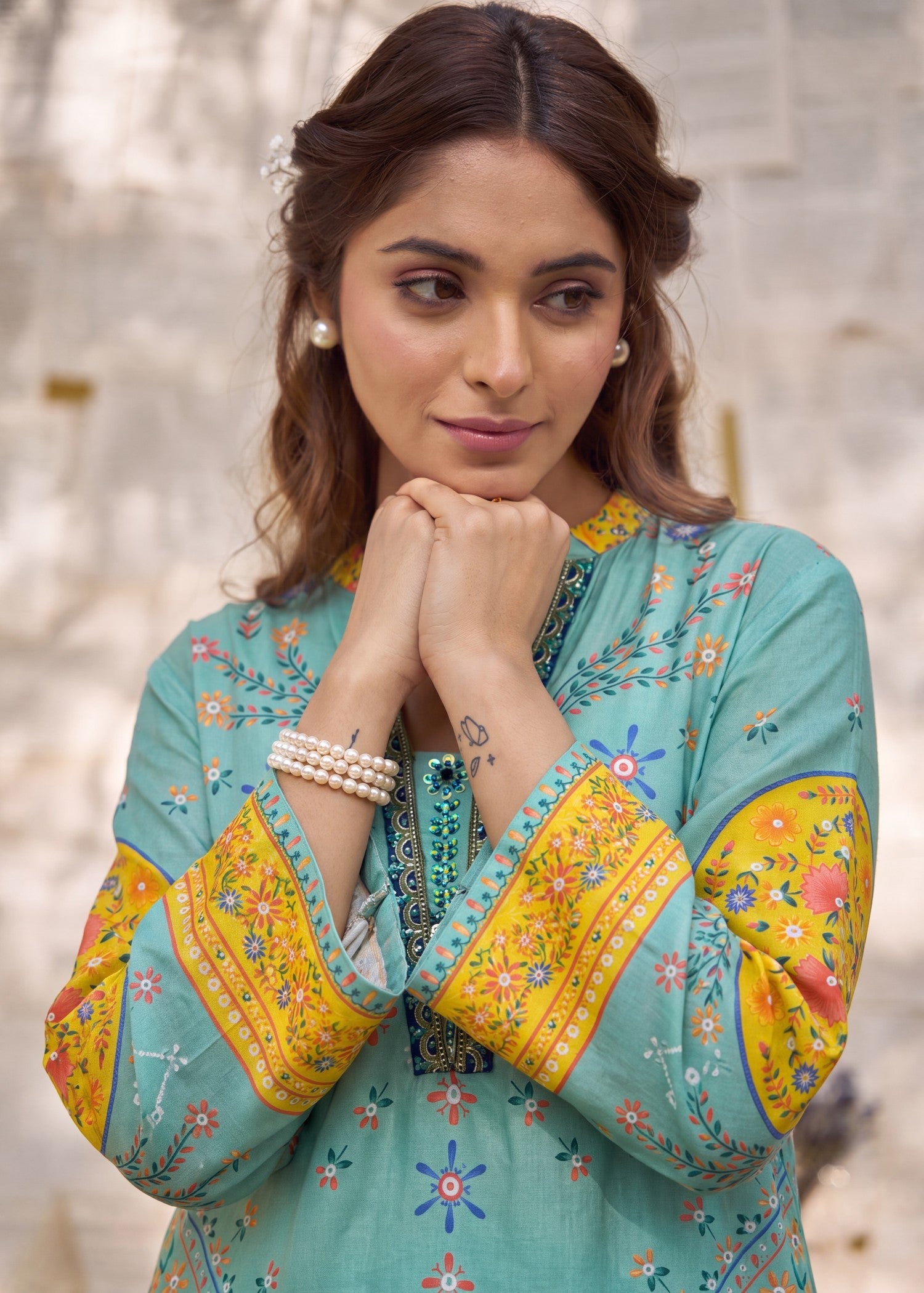Lawn Embellished Aquamarine Pakistani Suit Online in UK USA Canada