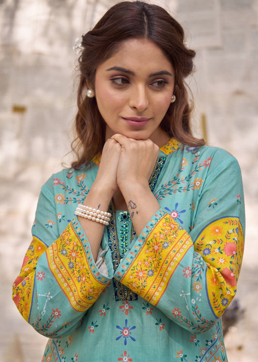 Lawn Embellished Aquamarine Pakistani Suit Online in UK USA Canada