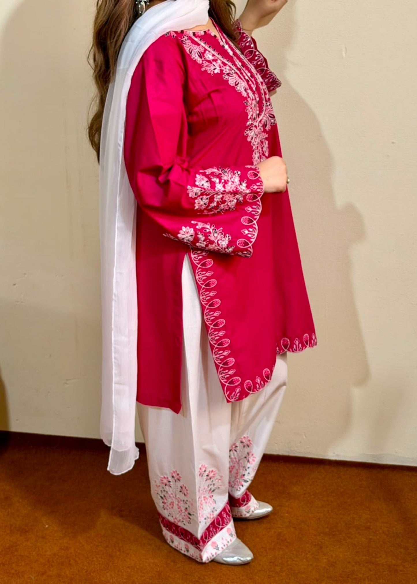 Lawn Embroidered Farshi Shalwar Vivid Pink Online in UK USA Canada