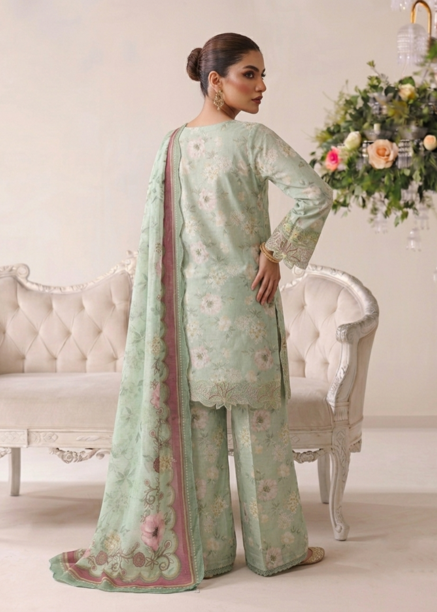 Lawn Sharara Mint Green Designer Suit Online in Dubai UAE Abudhabi Ajman Sharjah