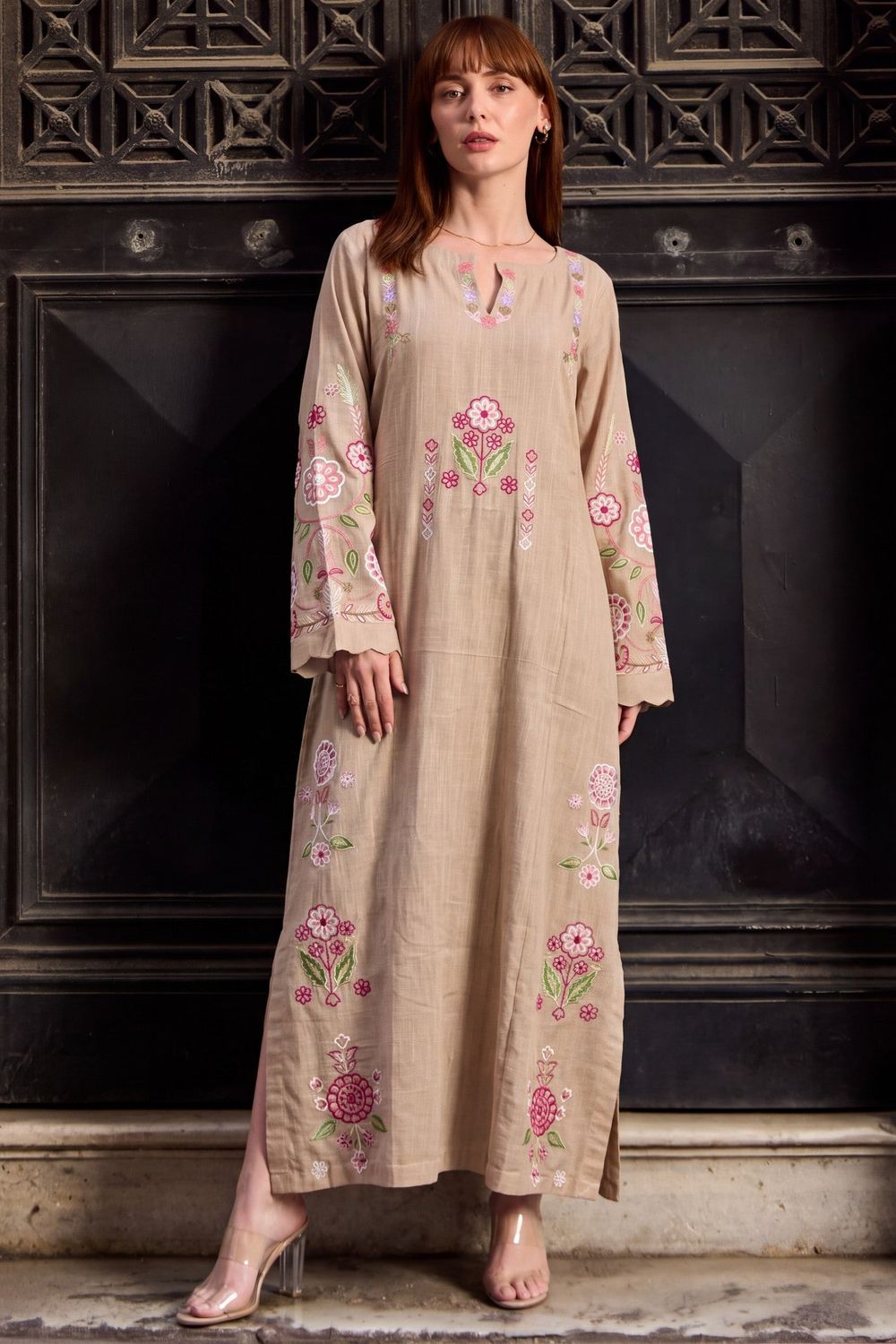 Lemon Chiffon Embroidered Khaddar Kaftan Online in Dubai UAE Abudhabi Ajman Sharjah