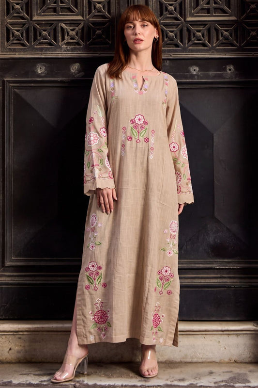 Lemon Chiffon Embroidered Khaddar Kaftan Online in Dubai UAE Abudhabi Ajman Sharjah