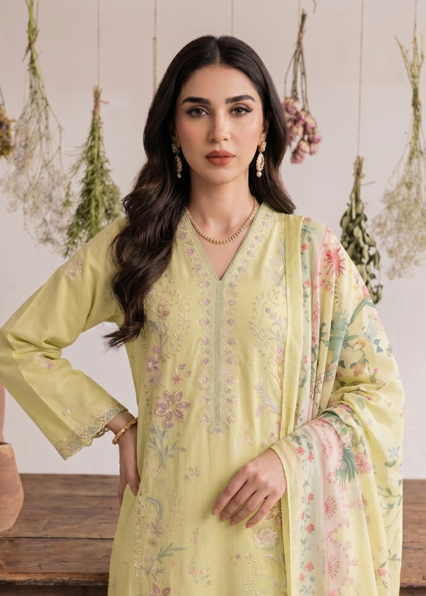 Lemon Chiffon Embroidered Lawn Partywear Suit Online in Dubai UAE Abudhabi Ajman Sharjah