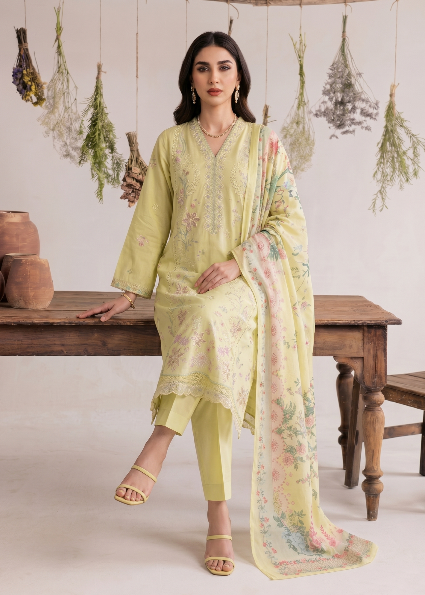 Lemon Chiffon Embroidered Lawn Partywear Suit Online in Dubai UAE Abudhabi Ajman Sharjah