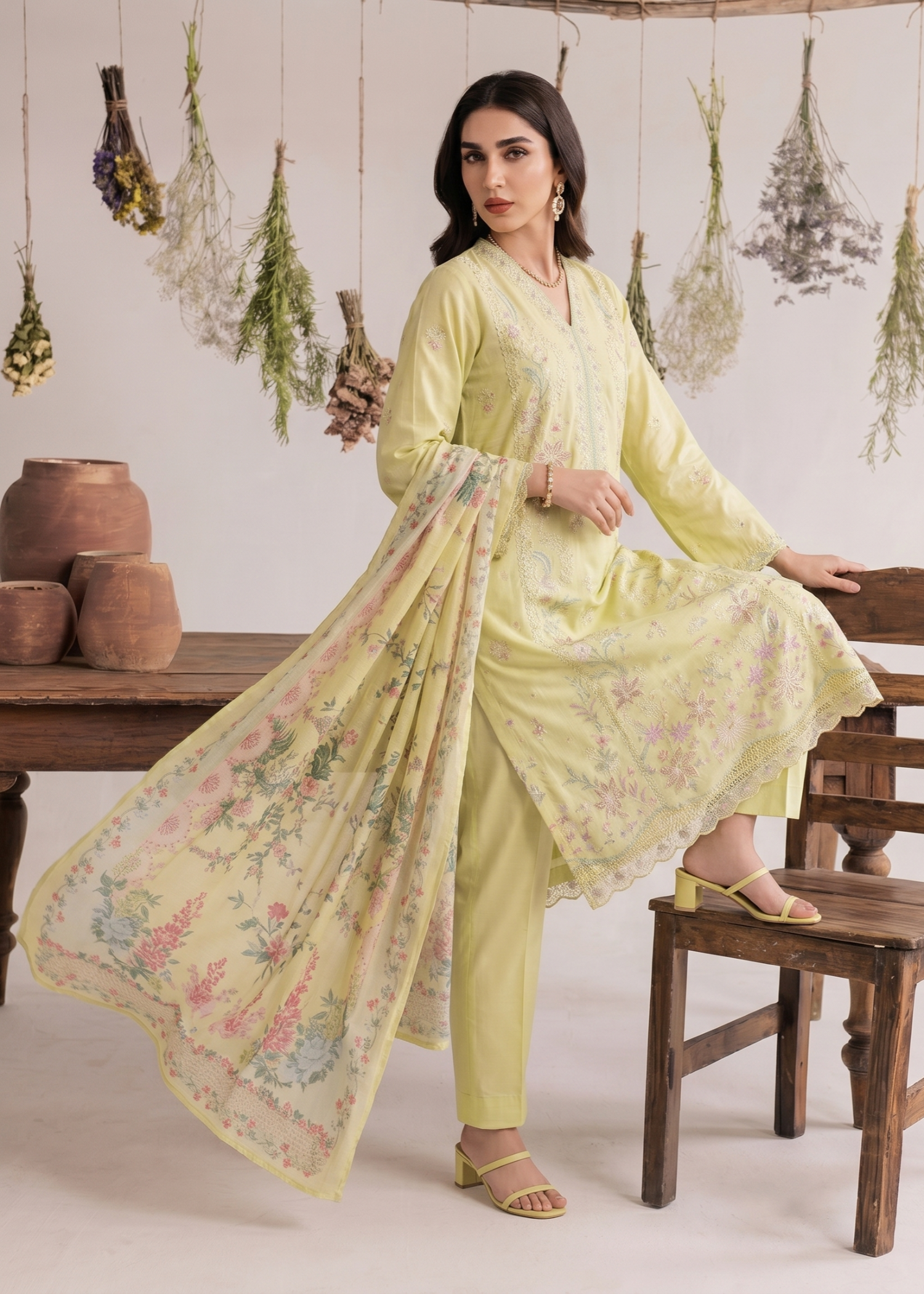 Lemon Chiffon Embroidered Lawn Partywear Suit Online in Dubai UAE Abudhabi Ajman Sharjah