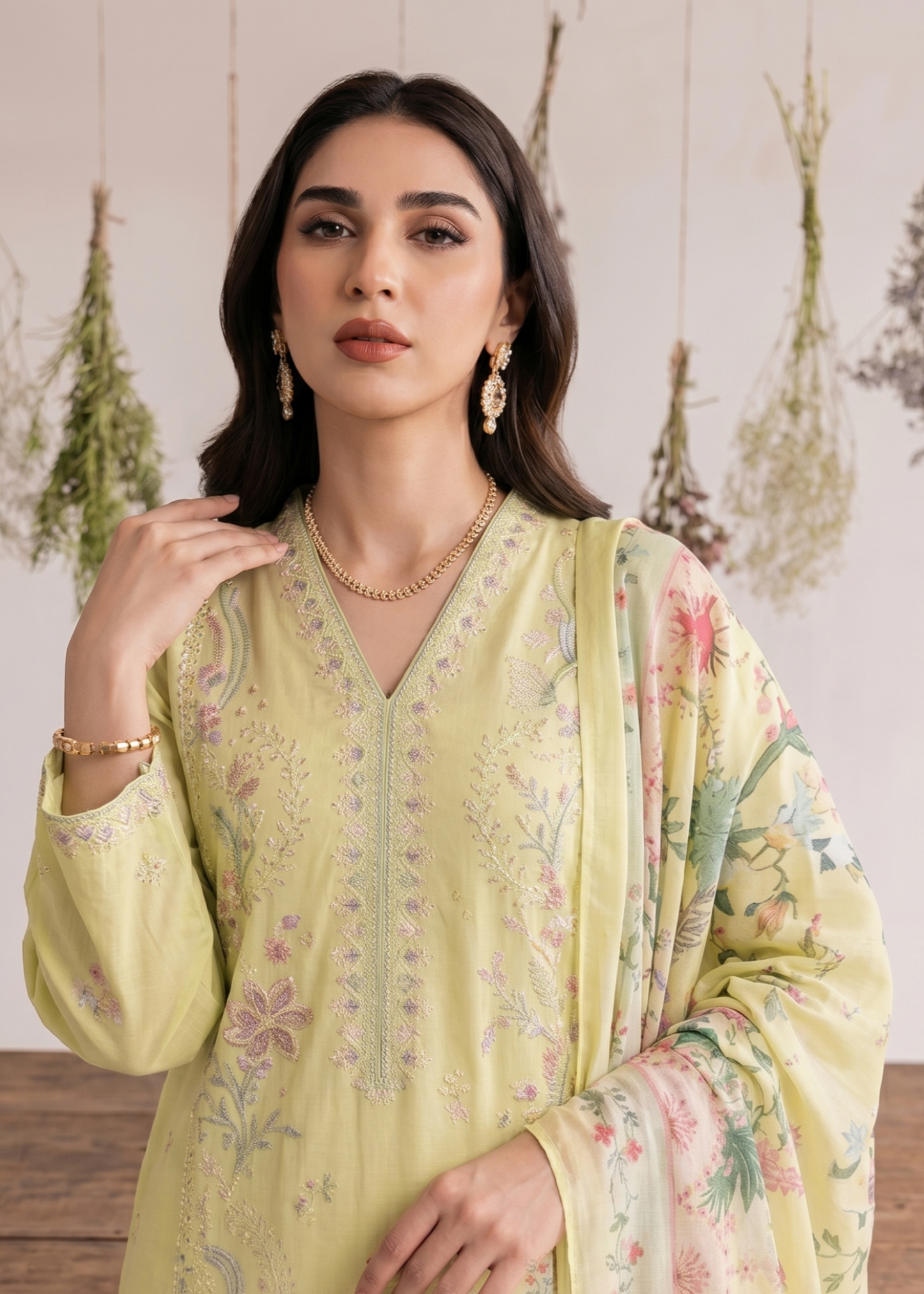 Lemon Chiffon Embroidered Lawn Partywear Suit Online in Dubai UAE Abudhabi Ajman Sharjah