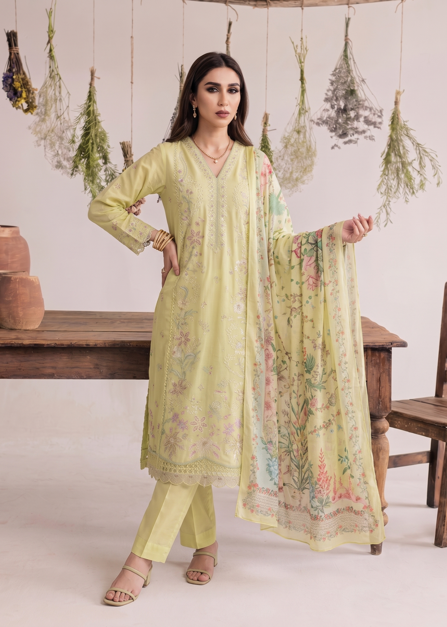 Lemon Chiffon Embroidered Lawn Partywear Suit Online in Dubai UAE Abudhabi Ajman Sharjah