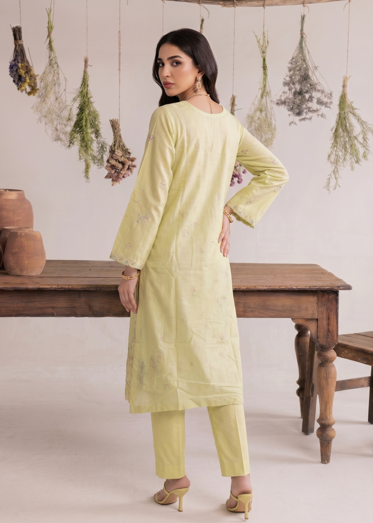 Lemon Chiffon Embroidered Lawn Partywear Suit Online in Dubai UAE Abudhabi Ajman Sharjah