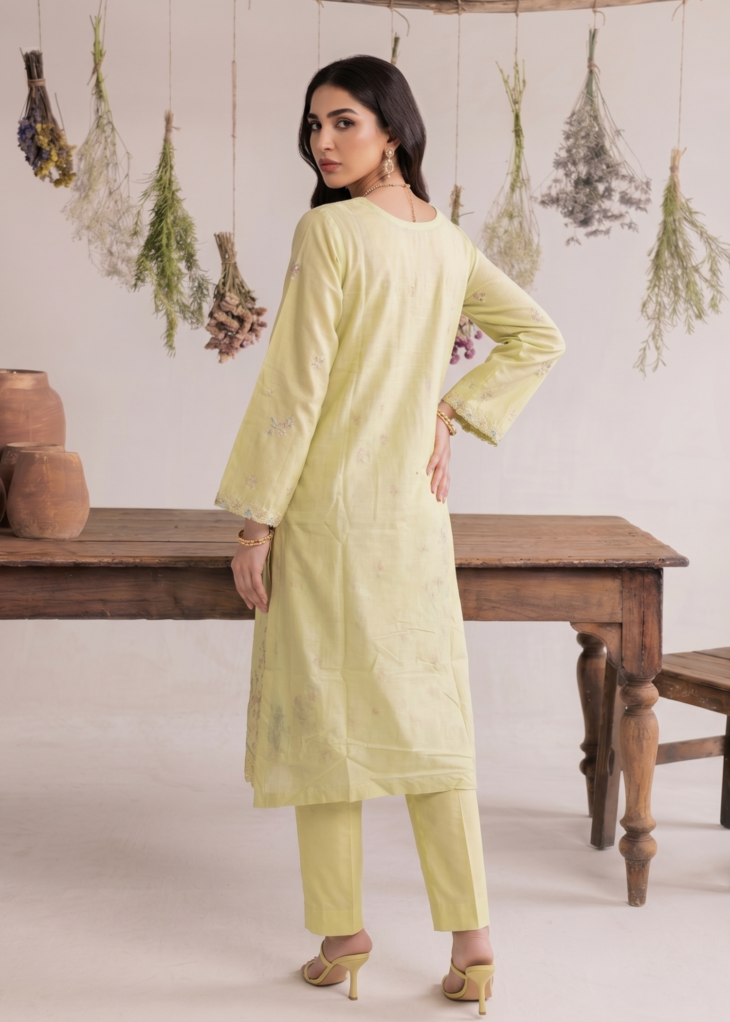 Lemon Chiffon Embroidered Lawn Partywear Suit Online in Dubai UAE Abudhabi Ajman Sharjah