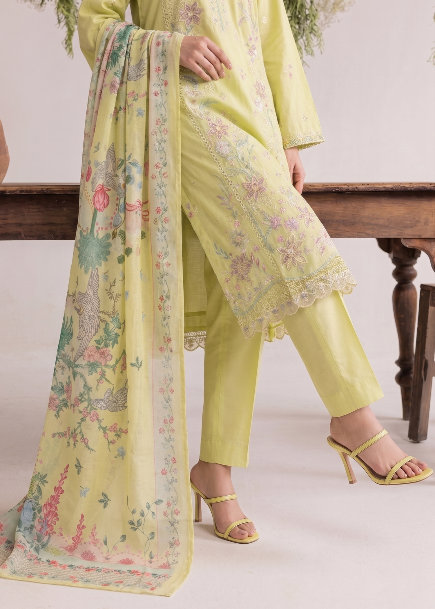 Lemon Chiffon Embroidered Lawn Partywear Suit Online in Dubai UAE Abudhabi Ajman Sharjah