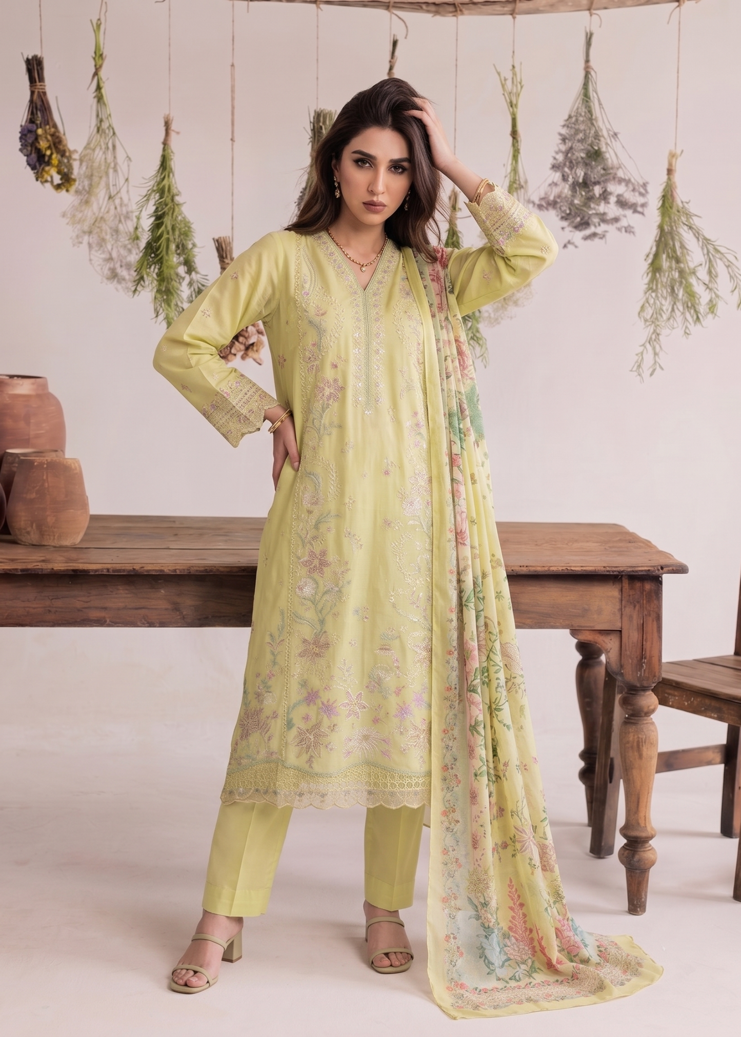 Lemon Chiffon Embroidered Lawn Partywear Suit Online in Dubai UAE Abudhabi Ajman Sharjah