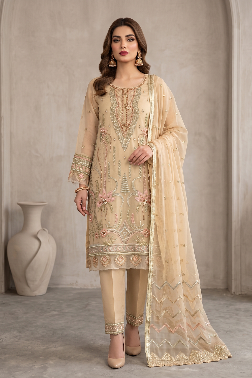 Lemon Chiffon Embroidered Organza Festive Suit Online in Dubai UAE Abudhabi Ajman Sharjah