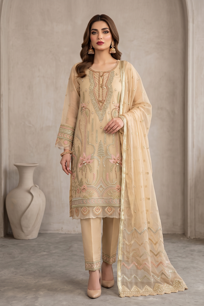 Lemon Chiffon Embroidered Organza Festive Suit Online in Dubai UAE Abudhabi Ajman Sharjah
