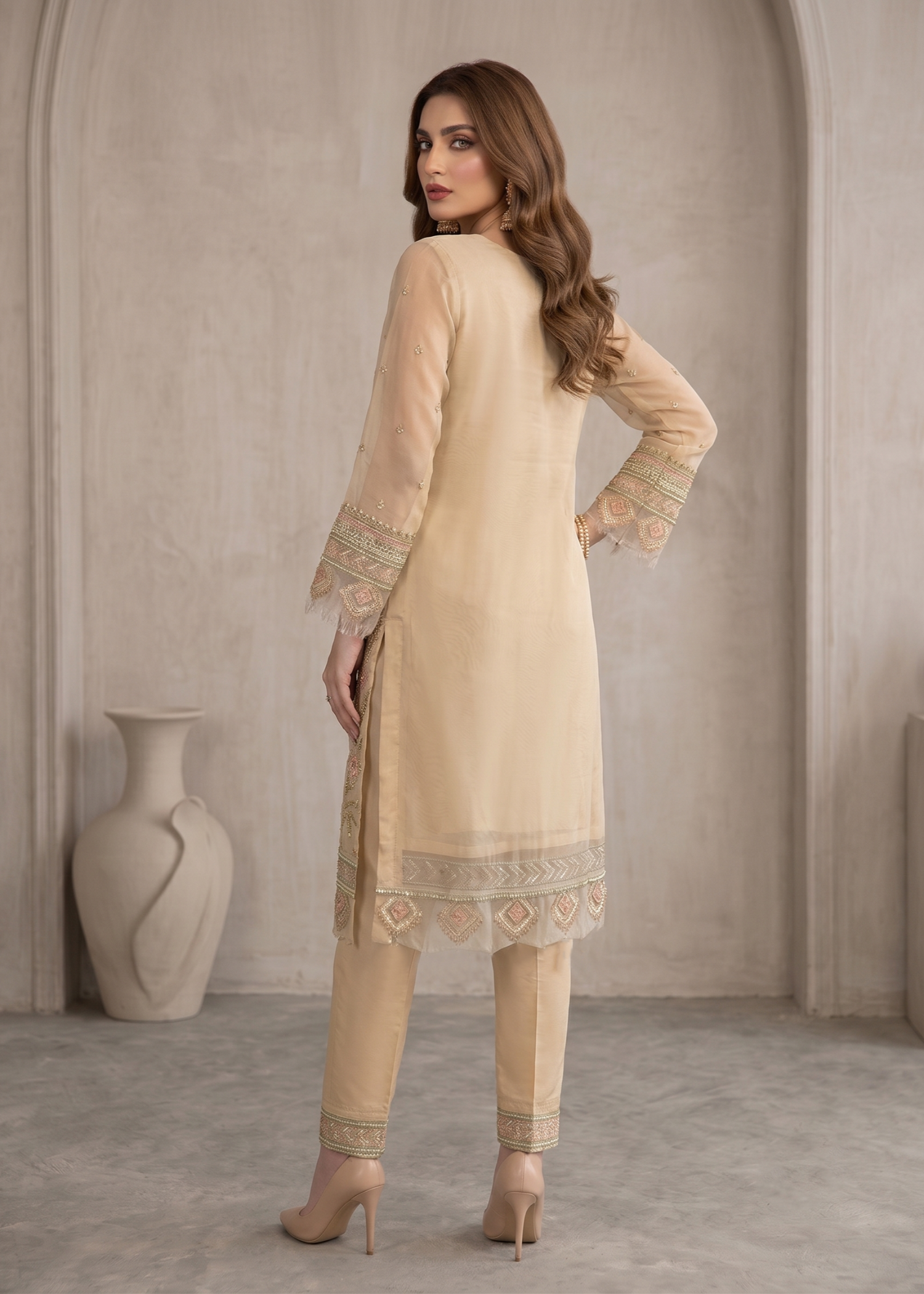 Lemon Chiffon Organza Embroidered Ladies Suit Online in UK USA Canada