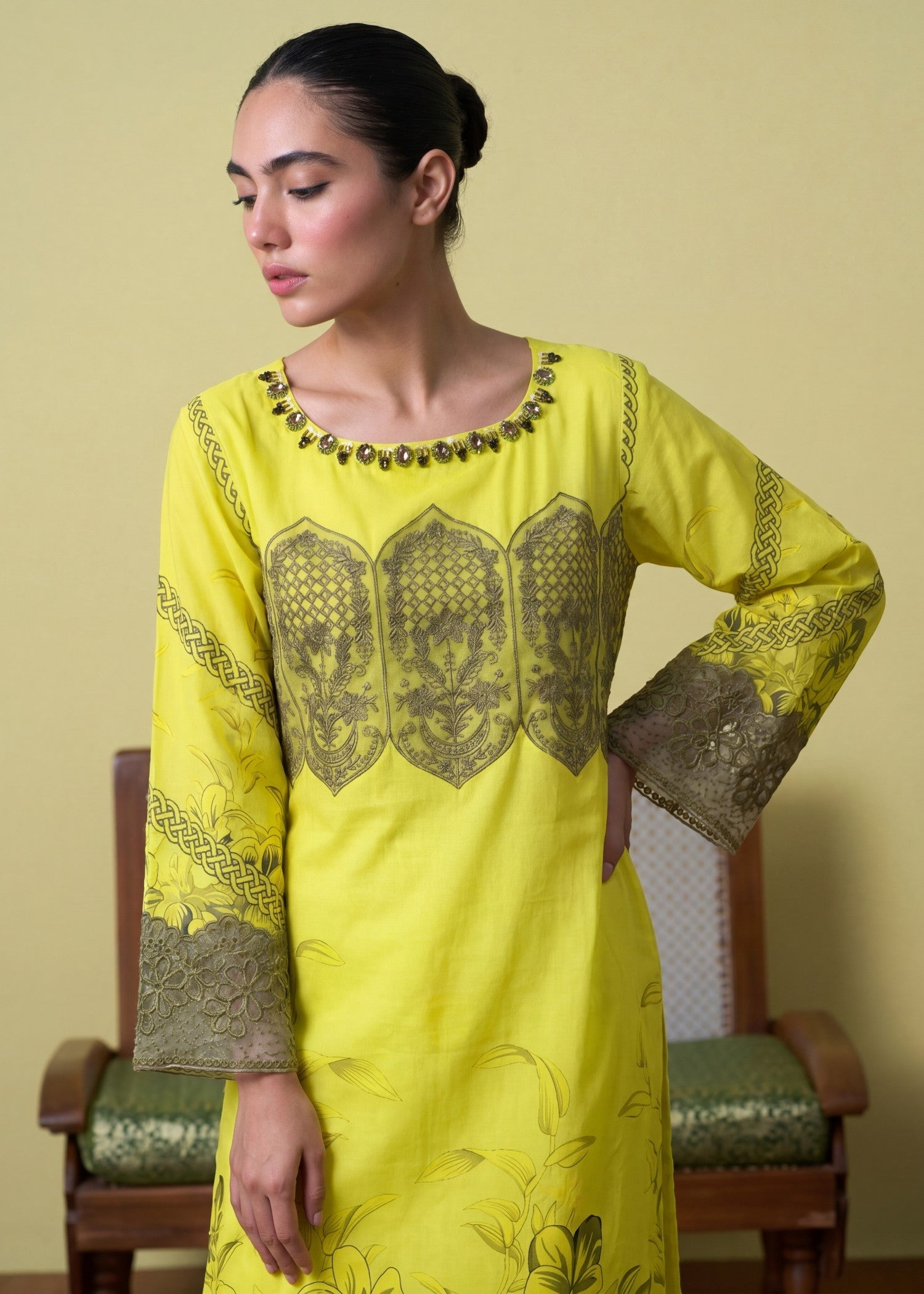 Lemon Embellished Lawn Dress Material Online in Dubai UAE Abudhabi Ajman Sharjah