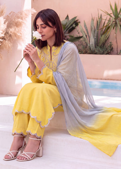 Lemon Embroidered Dhanak Kurta Trouser Online in Dubai DXB UAE Abudhabi Meena Bazaar