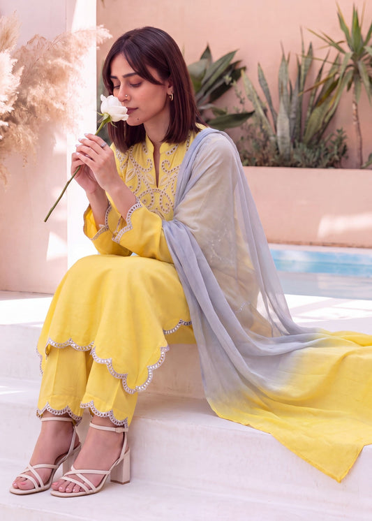 Lemon Embroidered Dhanak Kurta Trouser Online in Dubai DXB UAE Abudhabi Meena Bazaar