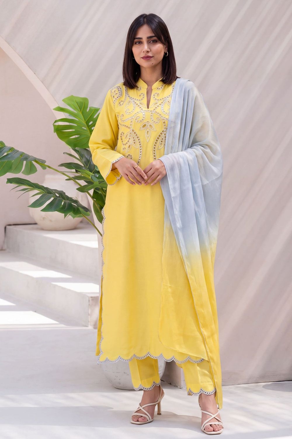 Lemon Embroidered Dhanak Pakistani Suit Online in Dubai UAE Abudhabi Ajman Sharjah
