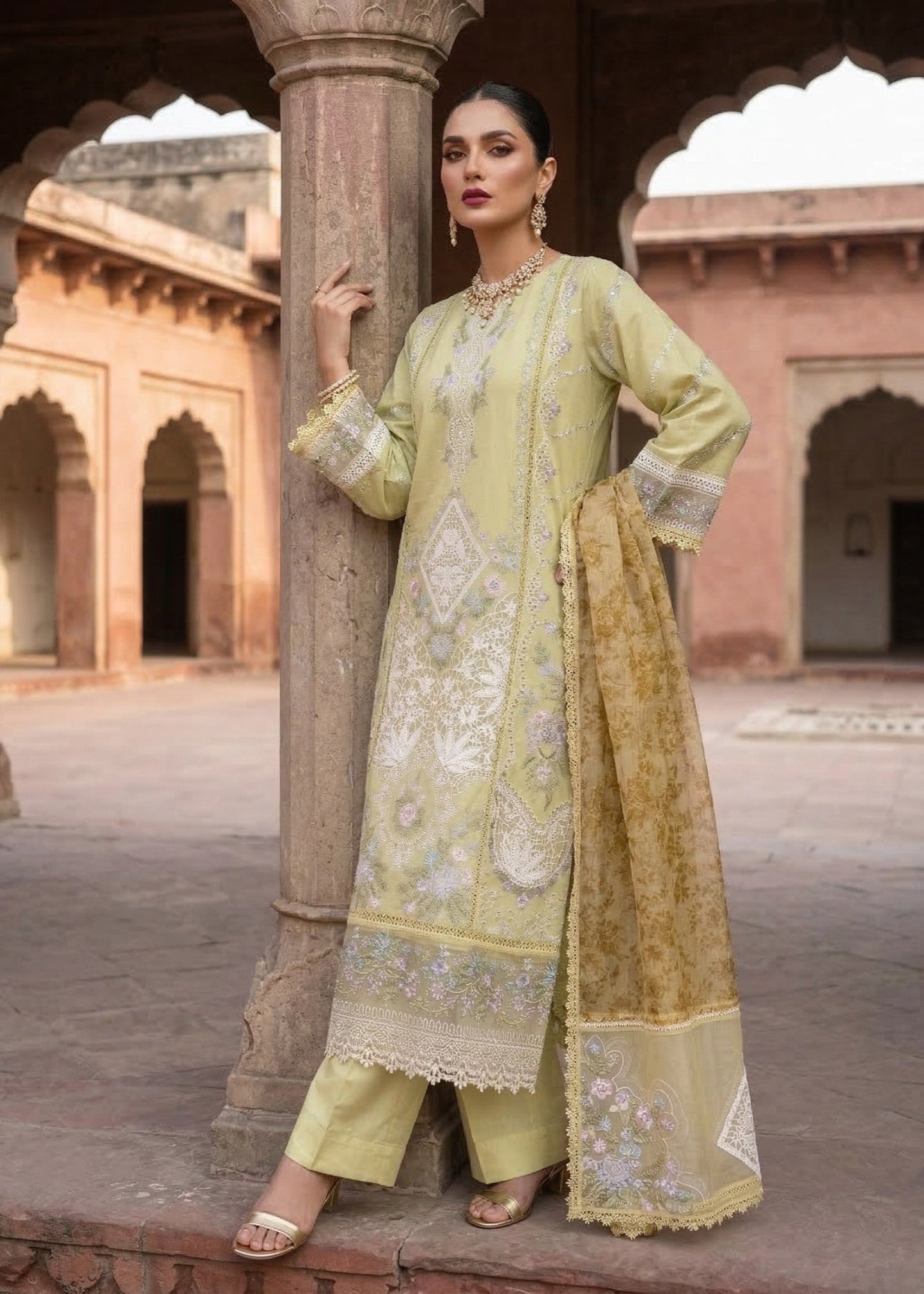 Lemon Khaddi Net Dupatta Lawn Suit Online in Sri Lanka India Australia