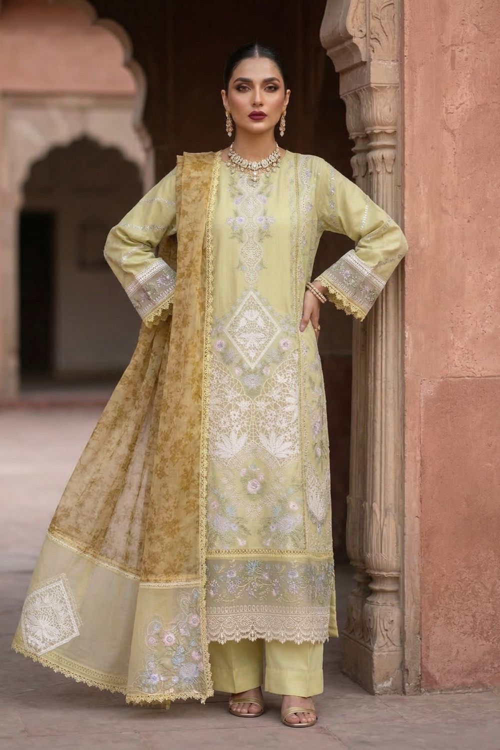 Lemon Lawn Festive Partywear Suit Online in Dubai UAE Abudhabi Ajman Sharjah