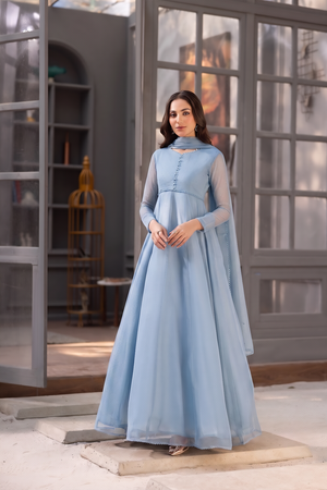 Light Blue Chiffon Flared Maxi Kurta Set Online in Dubai UAE Abudhabi Ajman Sharjah