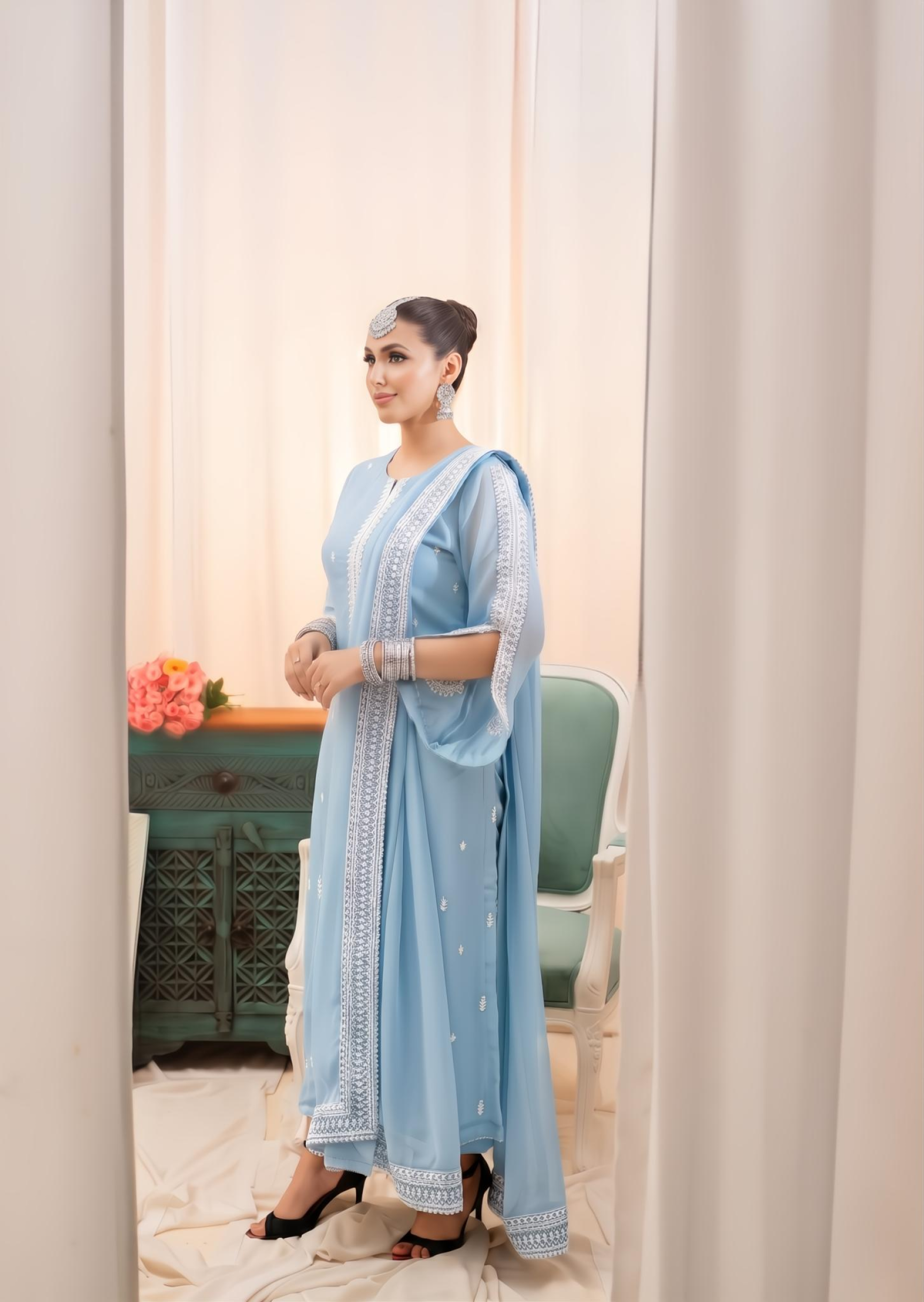 Light Blue Embroidered 3 Piece Suit Online in Dubai DXB UAE Abudhabi Meena Bazaar