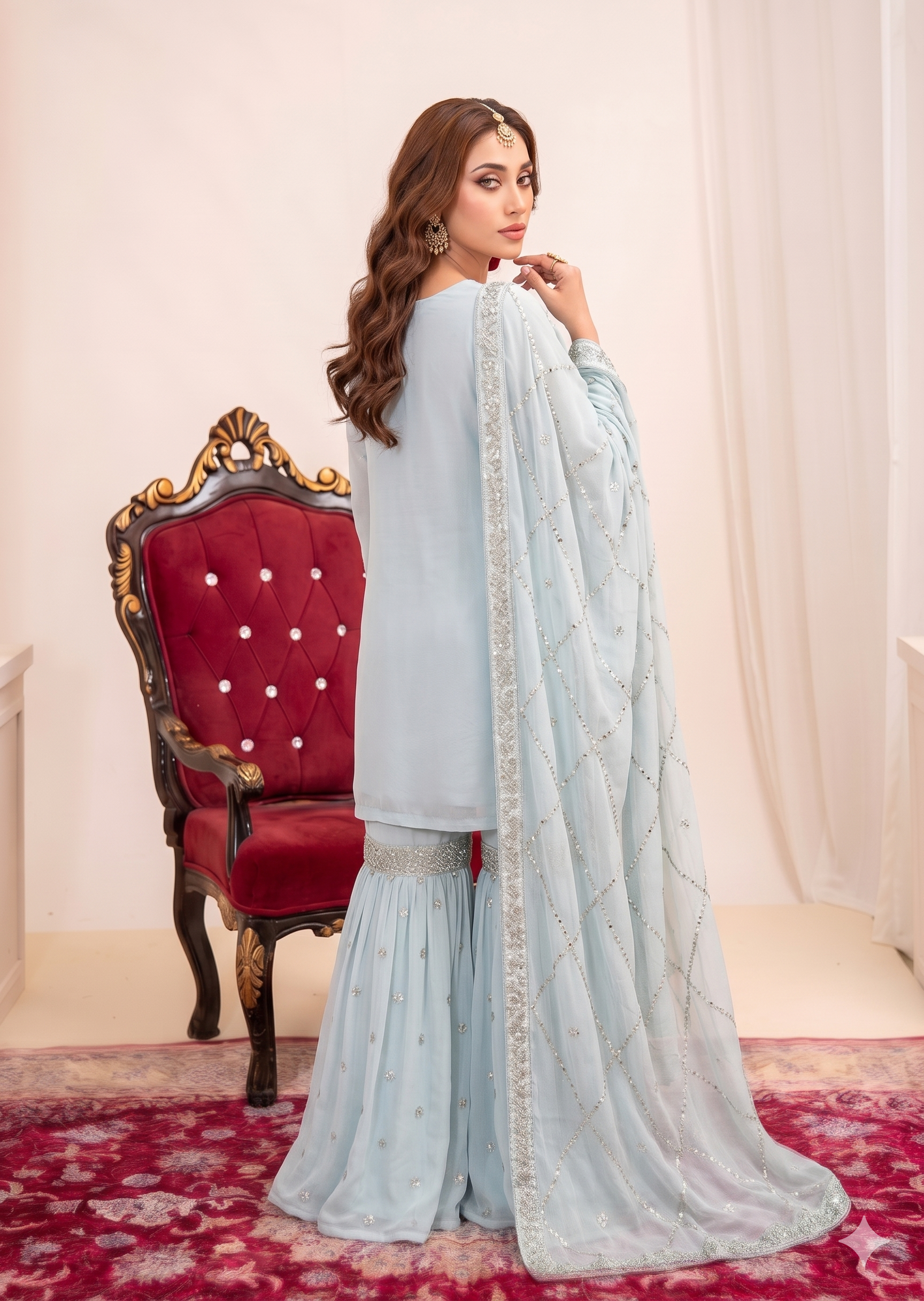 Light Blue Embroidered Bemberg Crinkle Chiffon Partywear Gharara Online in Dubai DXB UAE Abudhabi Meena Bazaar