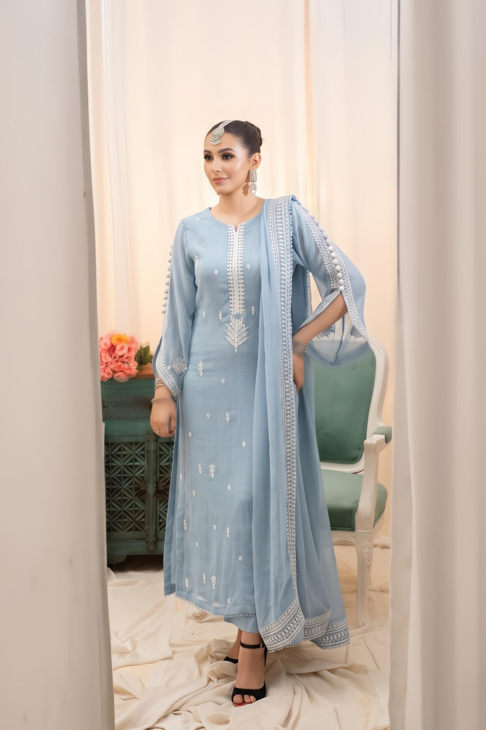 Light Blue Embroidered Bemberg Crinkle Chiffon Partywear Suit Online in Dubai UAE Abudhabi Ajman Sharjah
