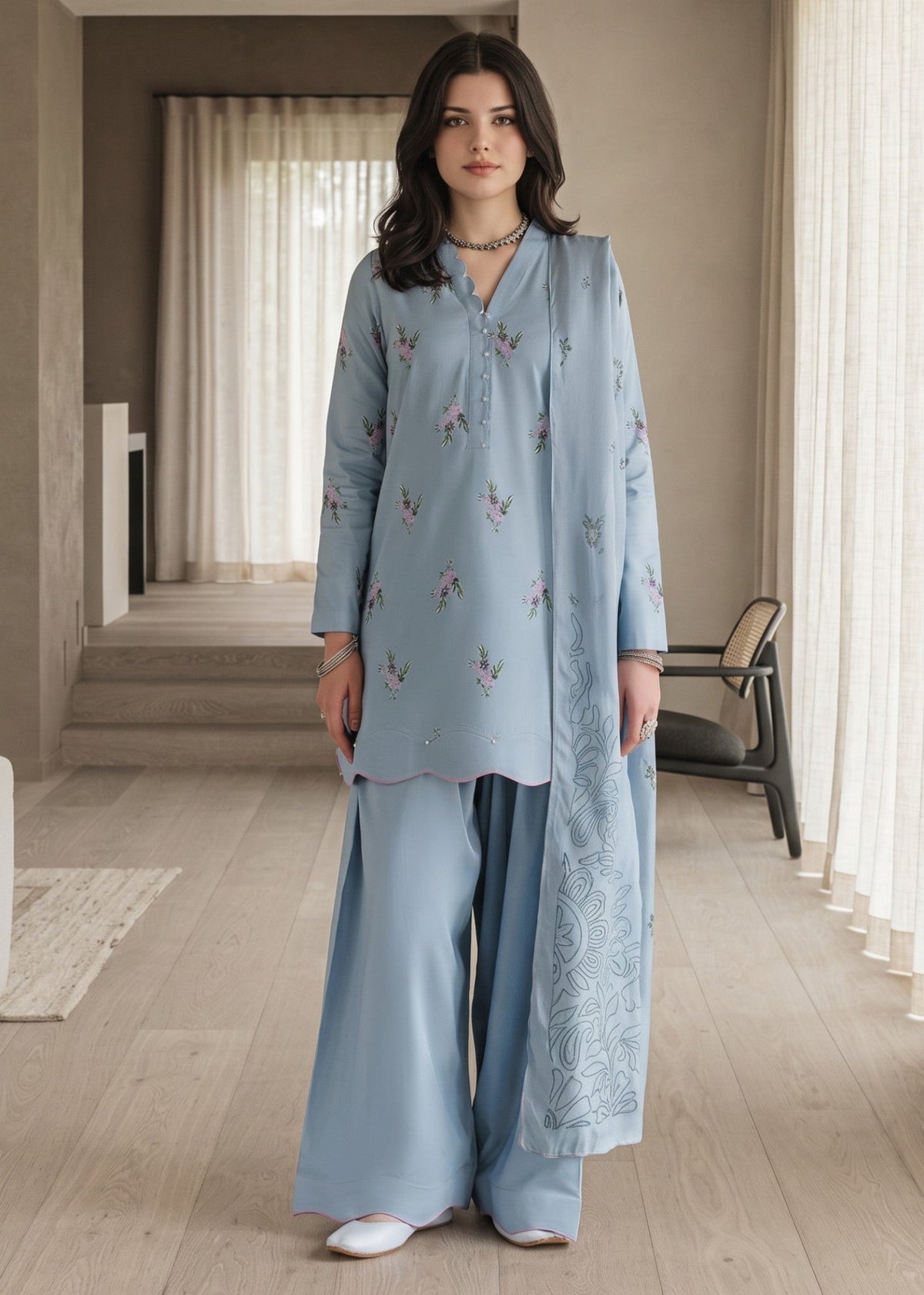 Light Blue Embroidered Lawn Pakistani Suit Online in Dubai DXB UAE Abudhabi Meena Bazaar