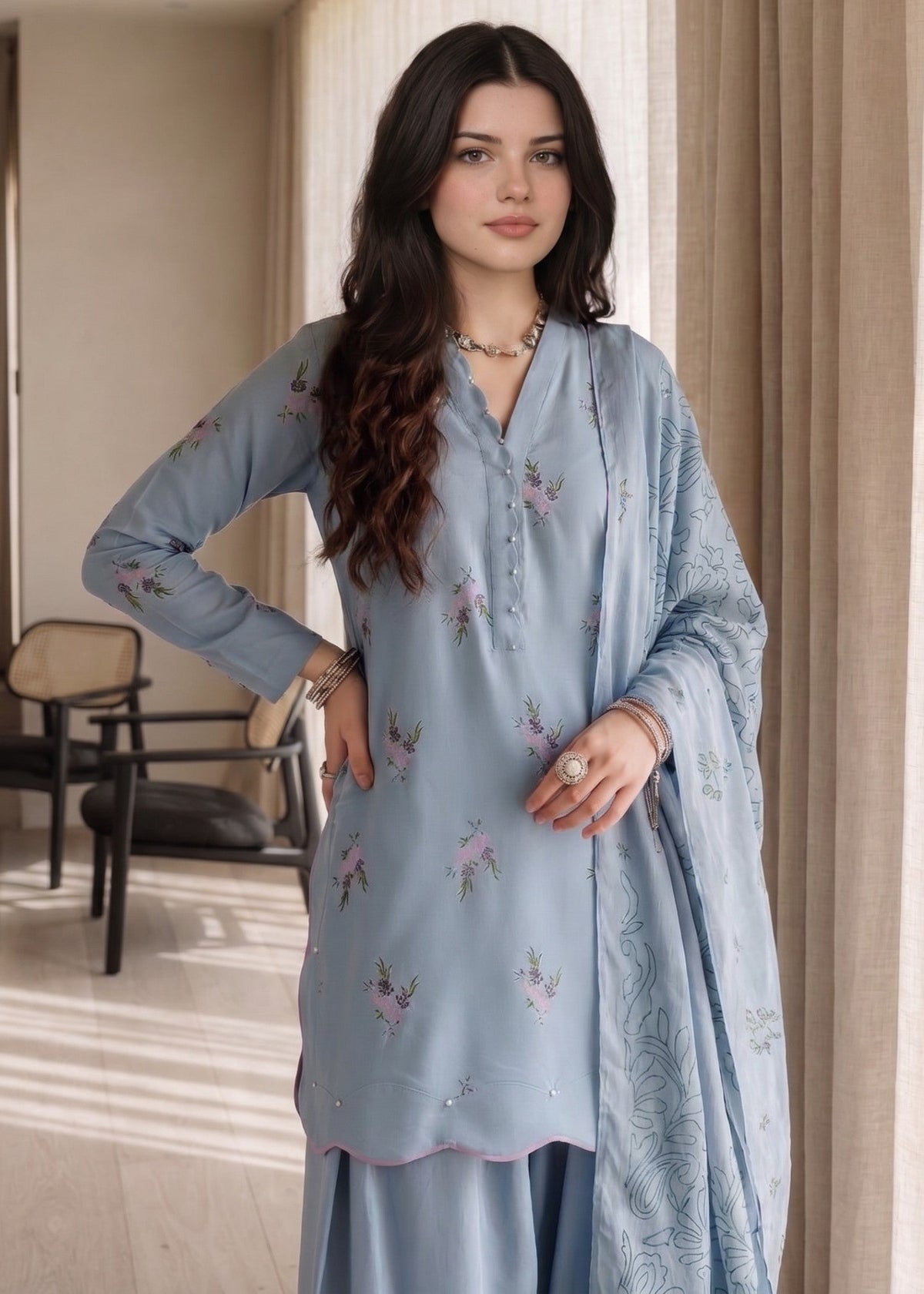 Light Blue Lawn Cotton Farshi Shalwar Daily Wear Suit Online in Dubai UAE Abudhabi Ajman Sharjah