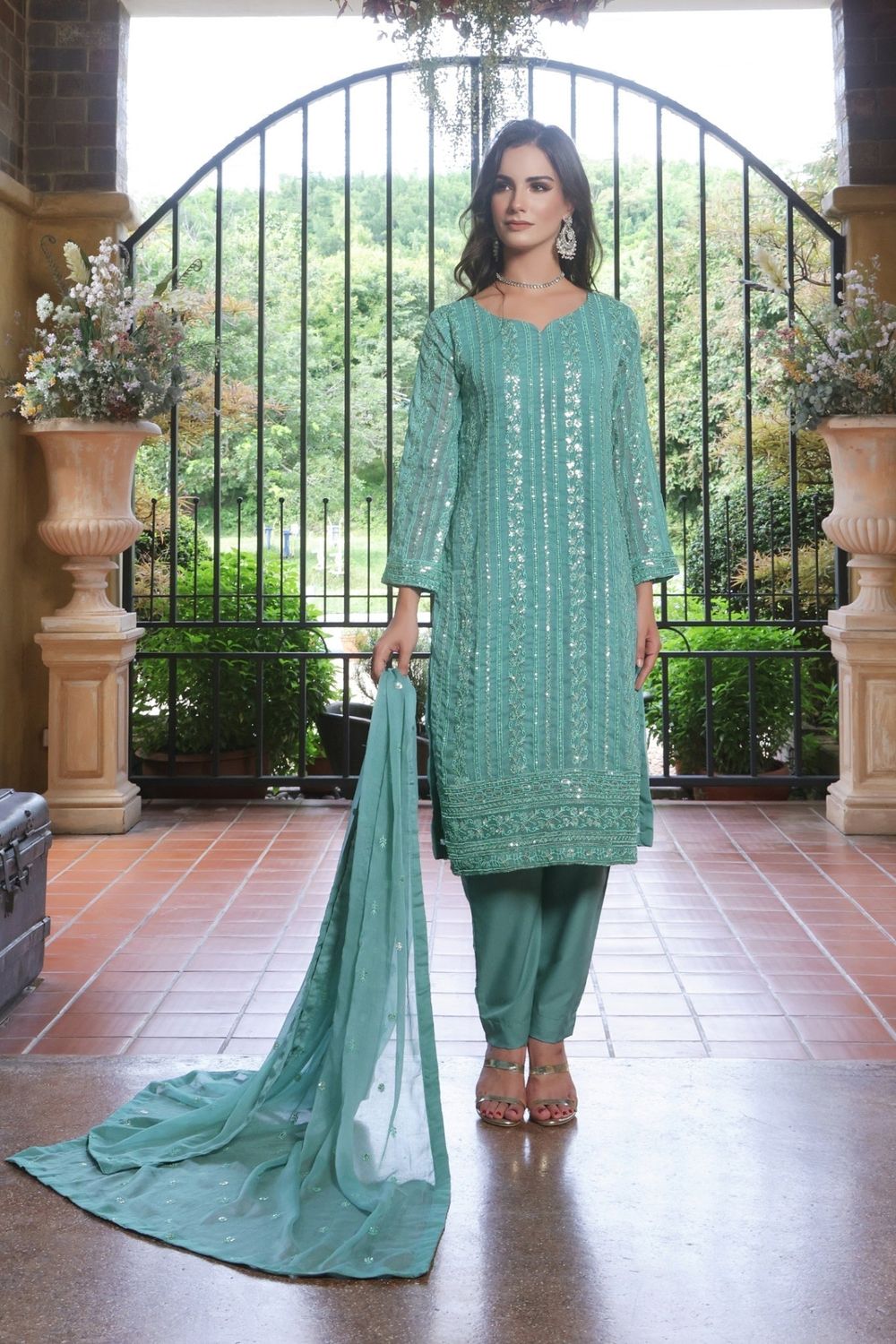 Light Cyan Embroidered Chiffon Straight Kurta Suit Online in Dubai UAE Abudhabi Ajman Sharjah