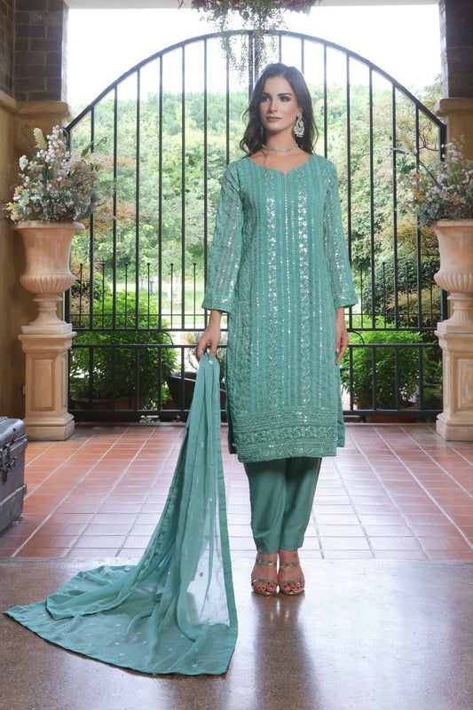 Light Cyan Embroidered Chiffon Straight Kurta Suit Online in Dubai UAE Abudhabi Ajman Sharjah